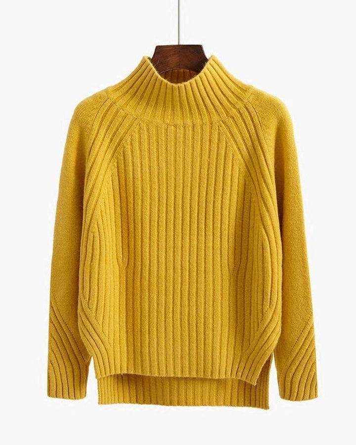 Women's ribbed knit turtleneck sweater cozy long sleeve winter style with textured detail