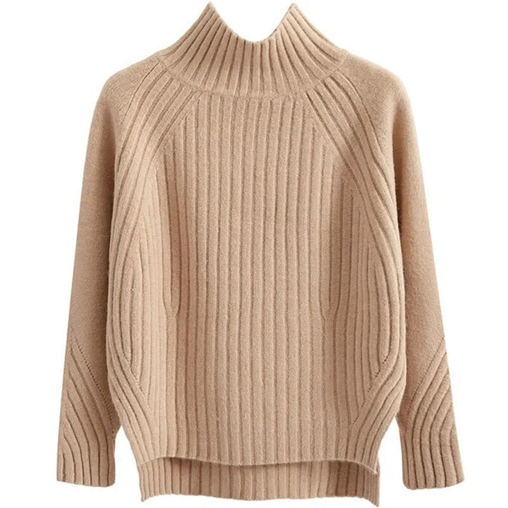 Women's ribbed knit turtleneck sweater cozy long sleeve winter style with textured finish
