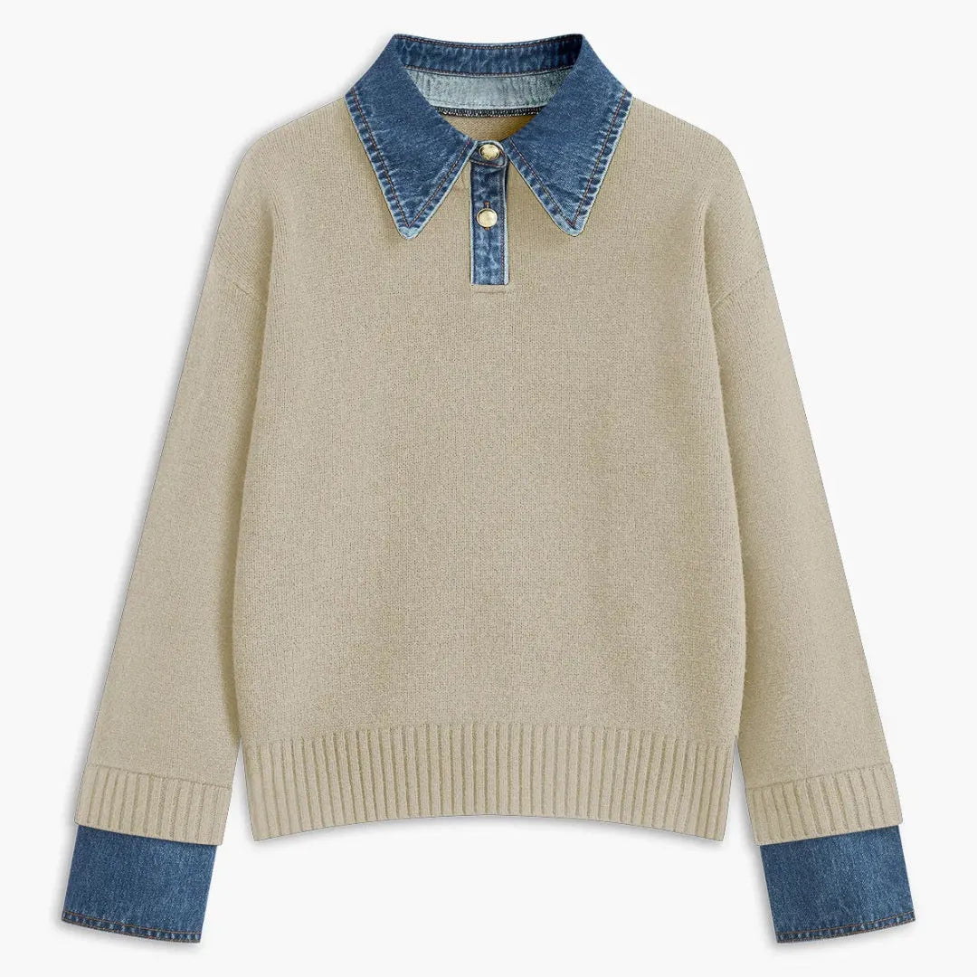 Women's textured knit sweater with denim collar and cuffs for a chic layered look