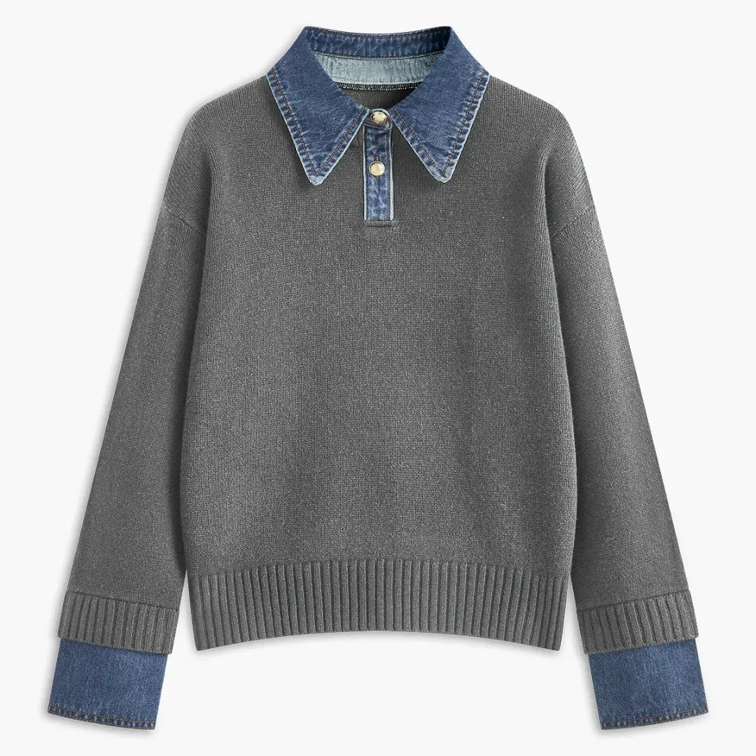 Women's textured knit sweater with denim collar and cuffs for a chic layered look