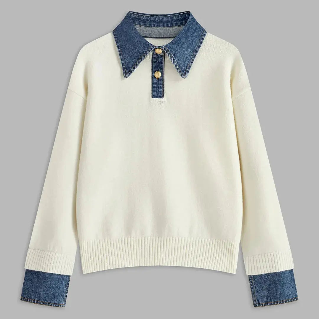 Women's textured knit sweater with denim collar and cuffs for a chic layered look