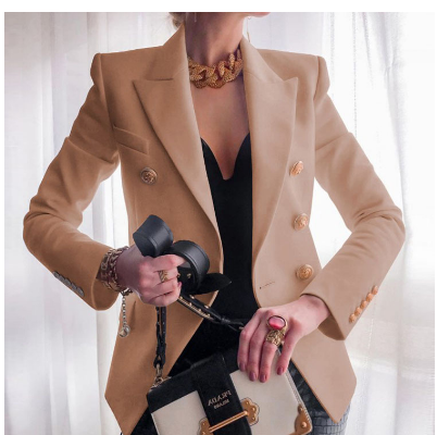 Women's double-breasted blazer sculpted fit gold buttons office-ready elegant tailored silhouette
