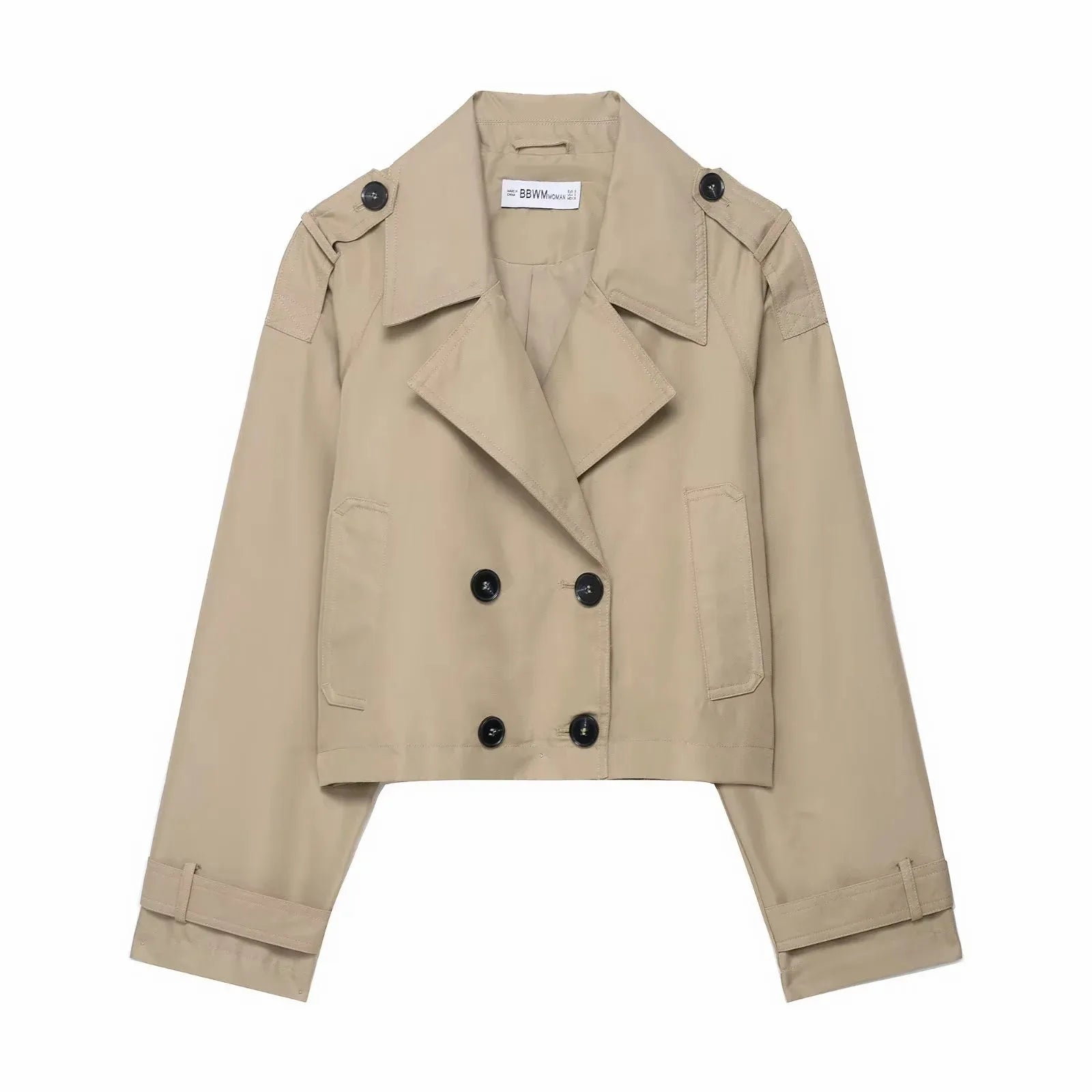 Women's beige cropped trench coat relaxed fit double-breasted collared with practical pockets