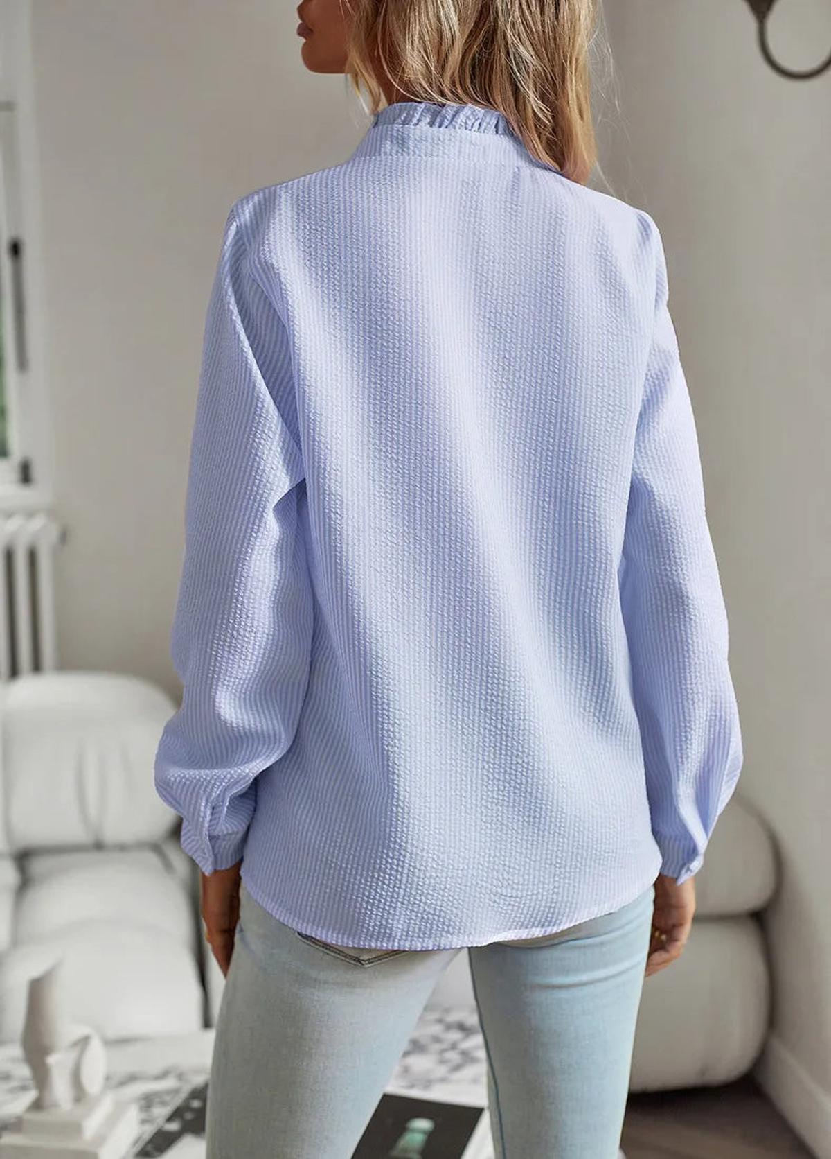 Women's white ribbed cotton blouse relaxed fit with ruffle placket detail