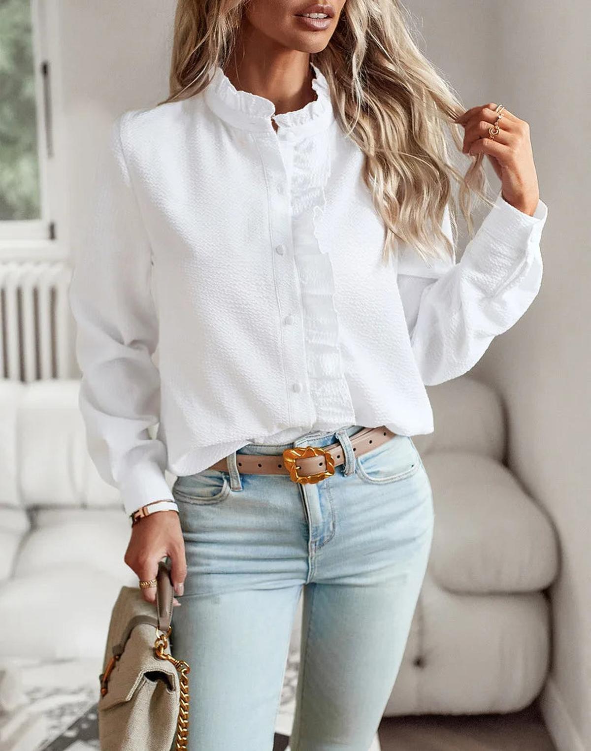 Women's white ribbed cotton relaxed-fit top with ruffle placket detail and elegant sleeve design