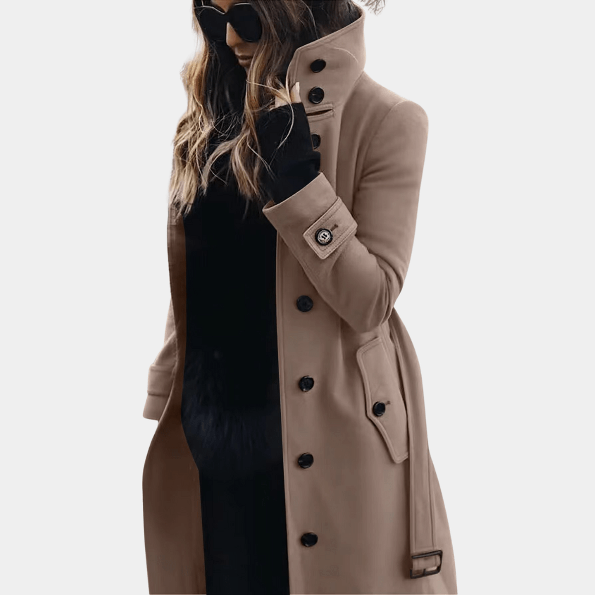 Women's wool blend trench coat structured shoulders double-breasted elegant warm long silhouette