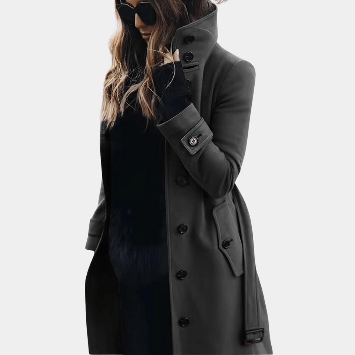 Women's wool blend trench coat with structured shoulders, double-breasted closure, elegant tailored fit