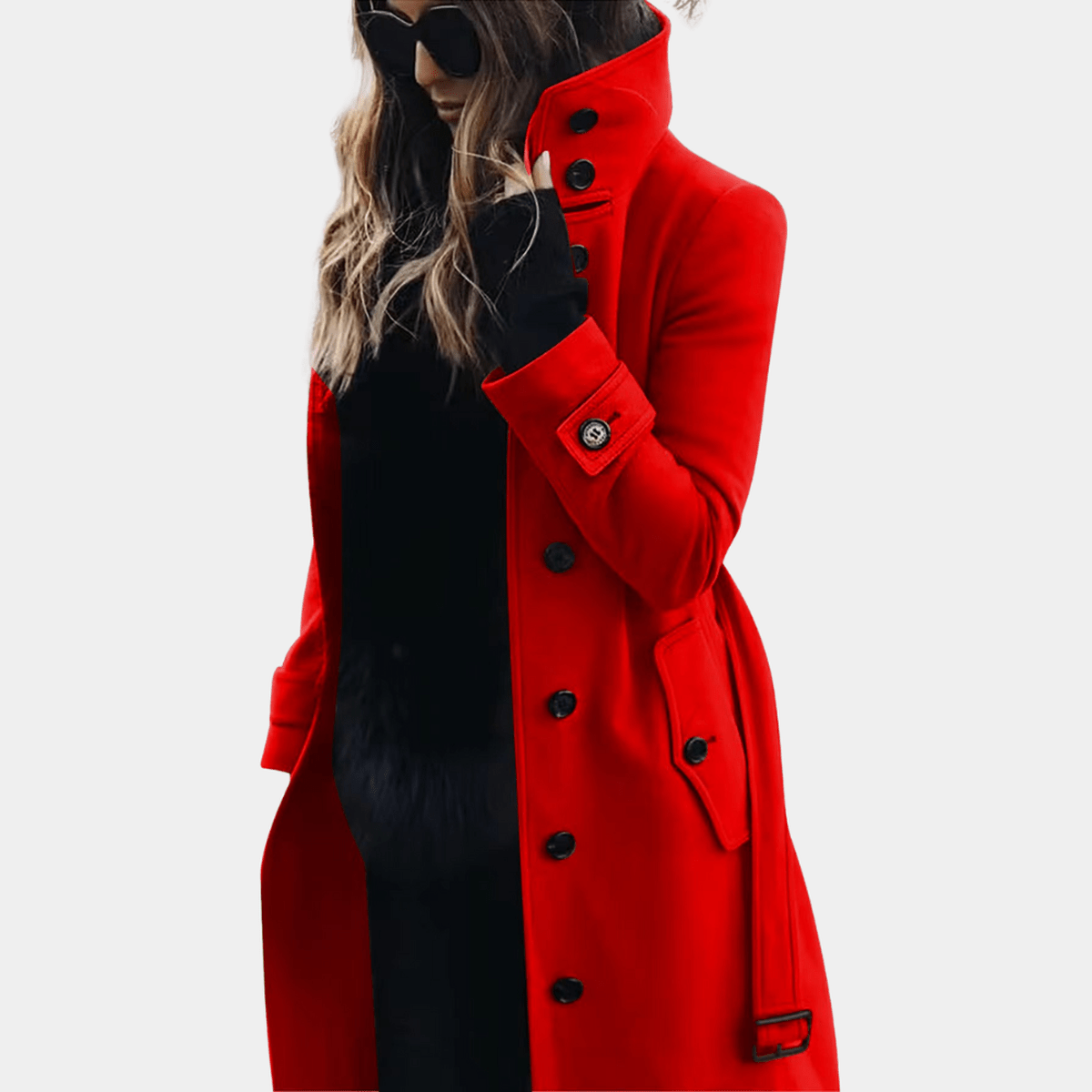 Women's wool blend trench coat structured shoulders double-breasted elegant long silhouette warm
