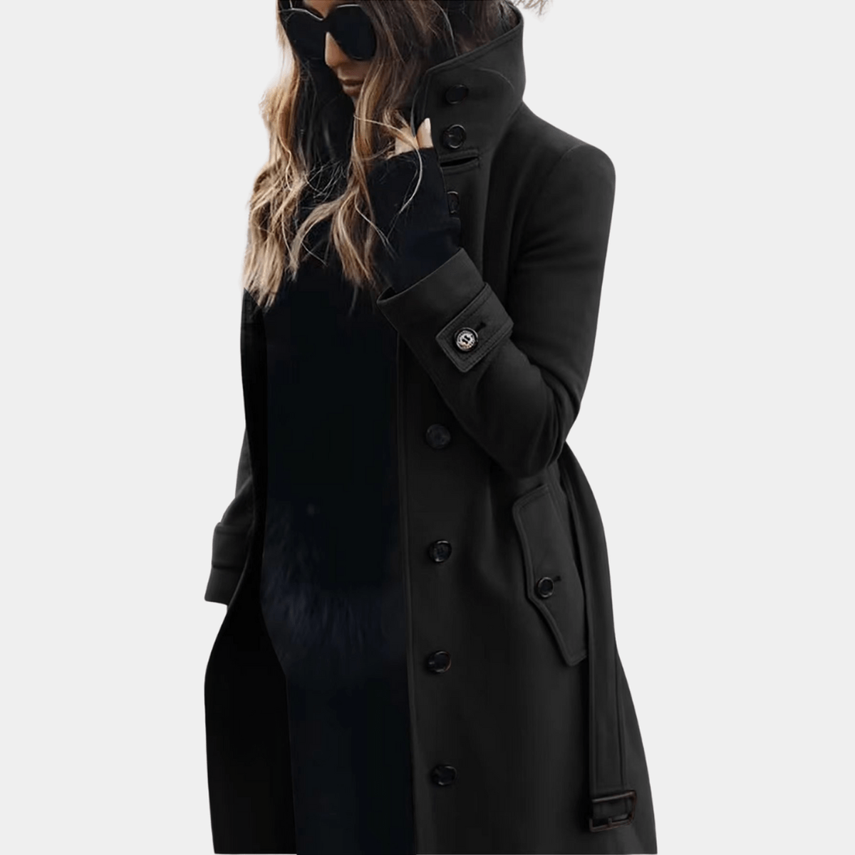 Women's wool blend trench coat with structured shoulders, double-breasted closure, elegant tailored fit