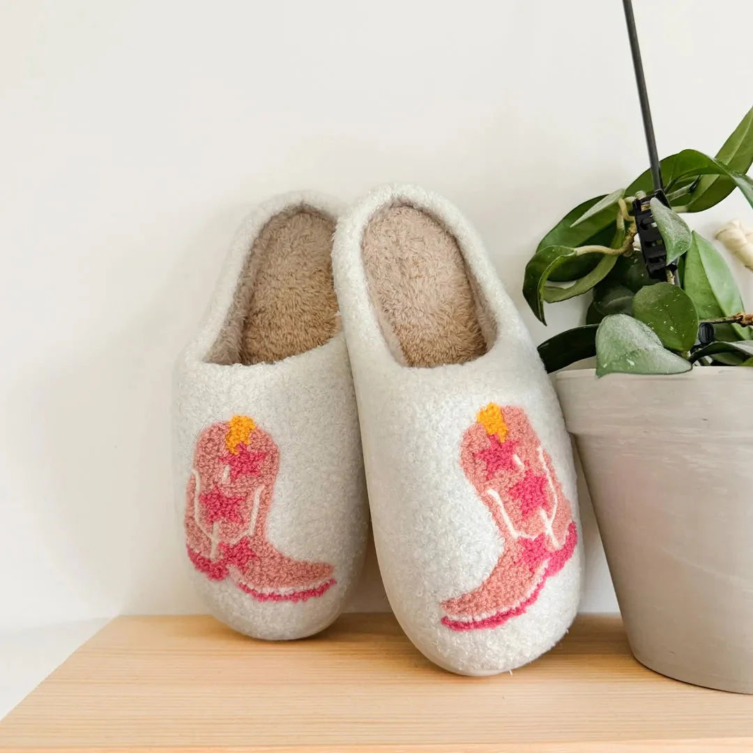 Women's pink embroidered cowgirl boot slippers with fluffy sherpa exterior and anti-slip sole