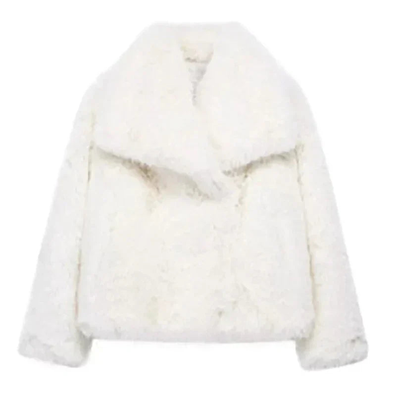 Women's relaxed fit faux fur jacket in plush texture, luxurious warmth for effortless cool-weather layering