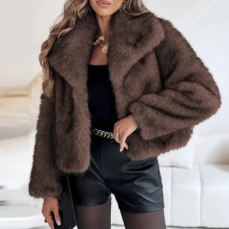 Anna women's relaxed fit faux fur jacket in plush neutral tones with luxurious texture for effortless layering