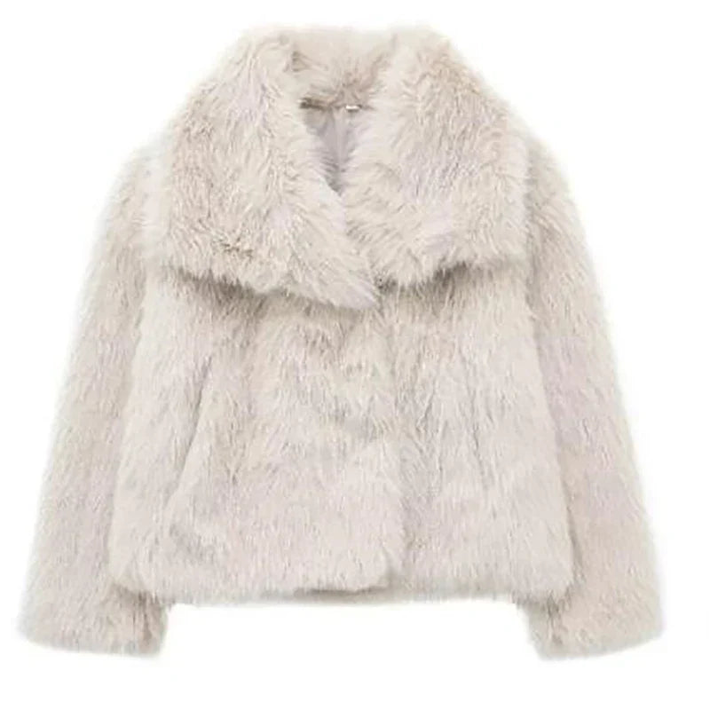 Women's relaxed fit faux fur jacket in plush neutral tones, luxurious texture for effortless layering