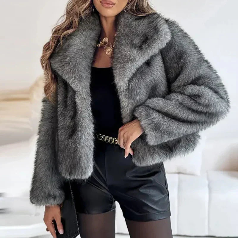 Women's ivory faux fur relaxed-fit jacket with plush texture, luxurious warmth for effortless layering