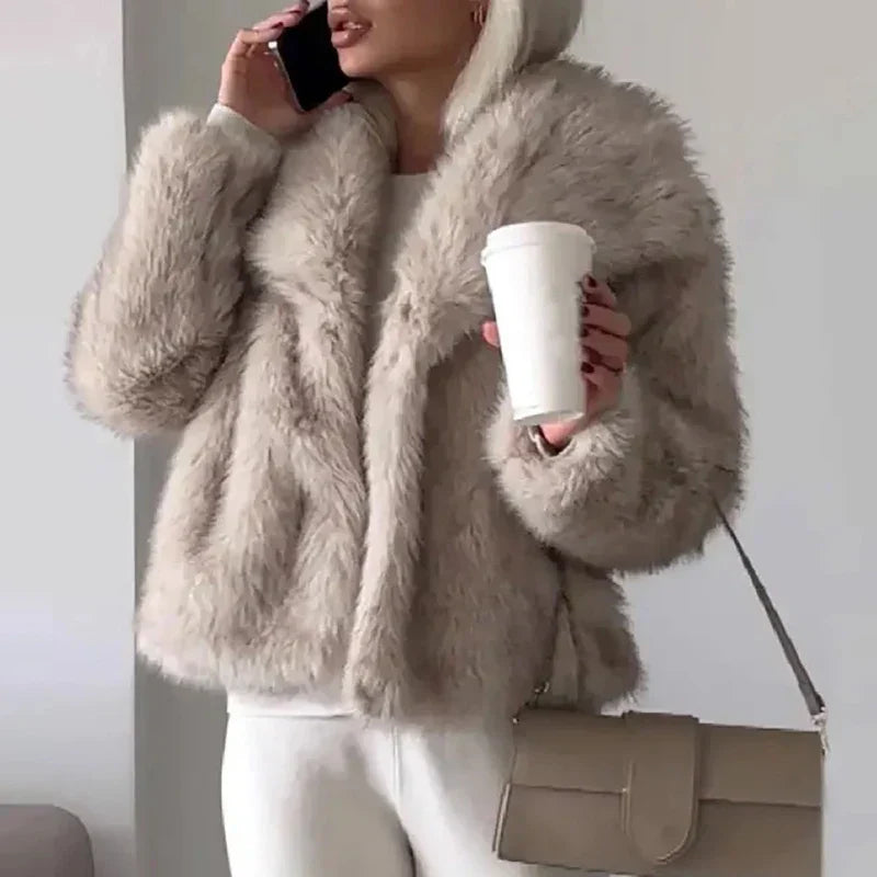 Anna women's relaxed fit faux fur jacket in plush ivory, luxurious layering piece for cool-weather style