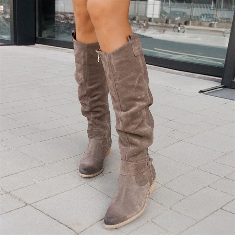 Women's flat knee-high suede boots slouchy silhouette low heel everyday comfort versatile style