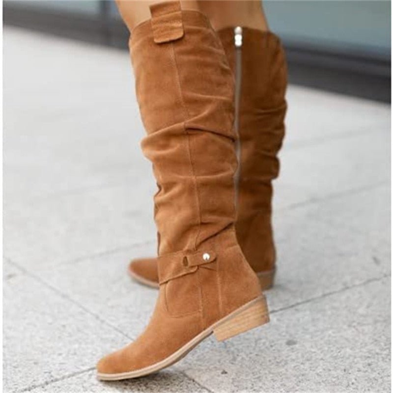 Women's taupe suede slouchy knee-high boots with low heel and relaxed silhouette for everyday wear