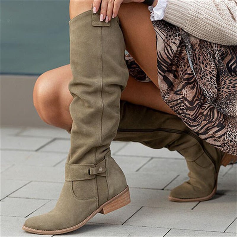 Women's suede slouchy knee-high boots flat low heel relaxed silhouette everyday comfort