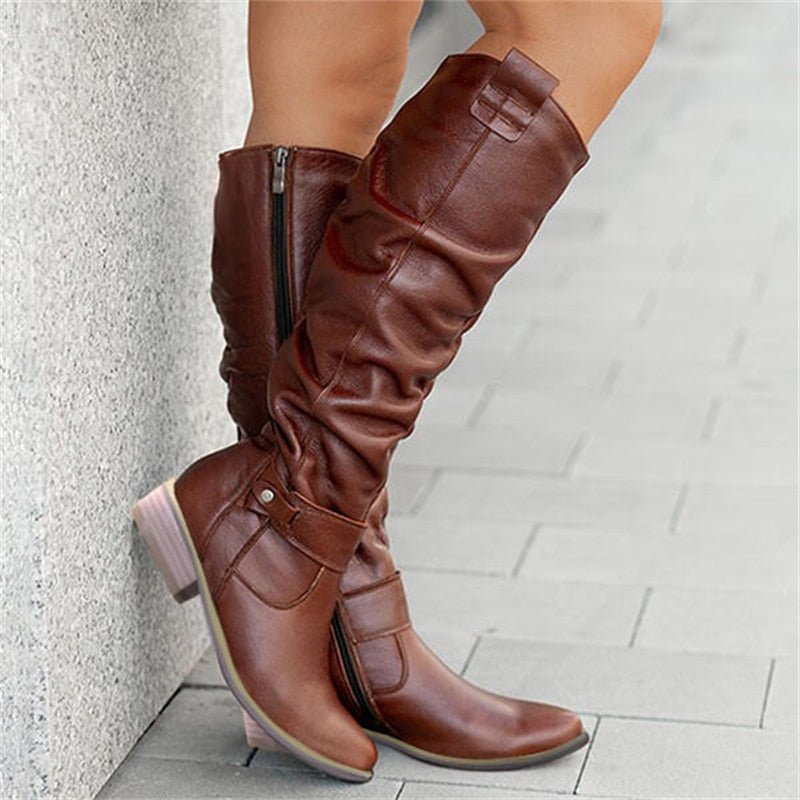 Women's flat knee-high suede boots slouchy silhouette low heel everyday comfort versatile style