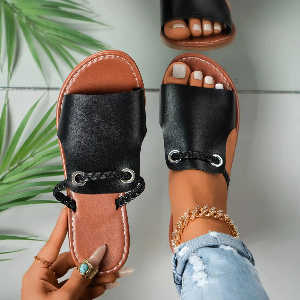 Women's slip-on sandals with braided faux leather strap, metallic grommet accents, summer casual style