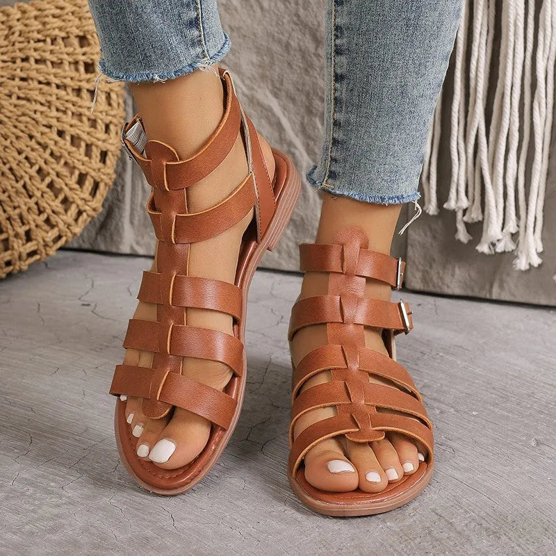 Women's flat sandals beige Roman-inspired design adjustable buckled straps all-day comfort footbed