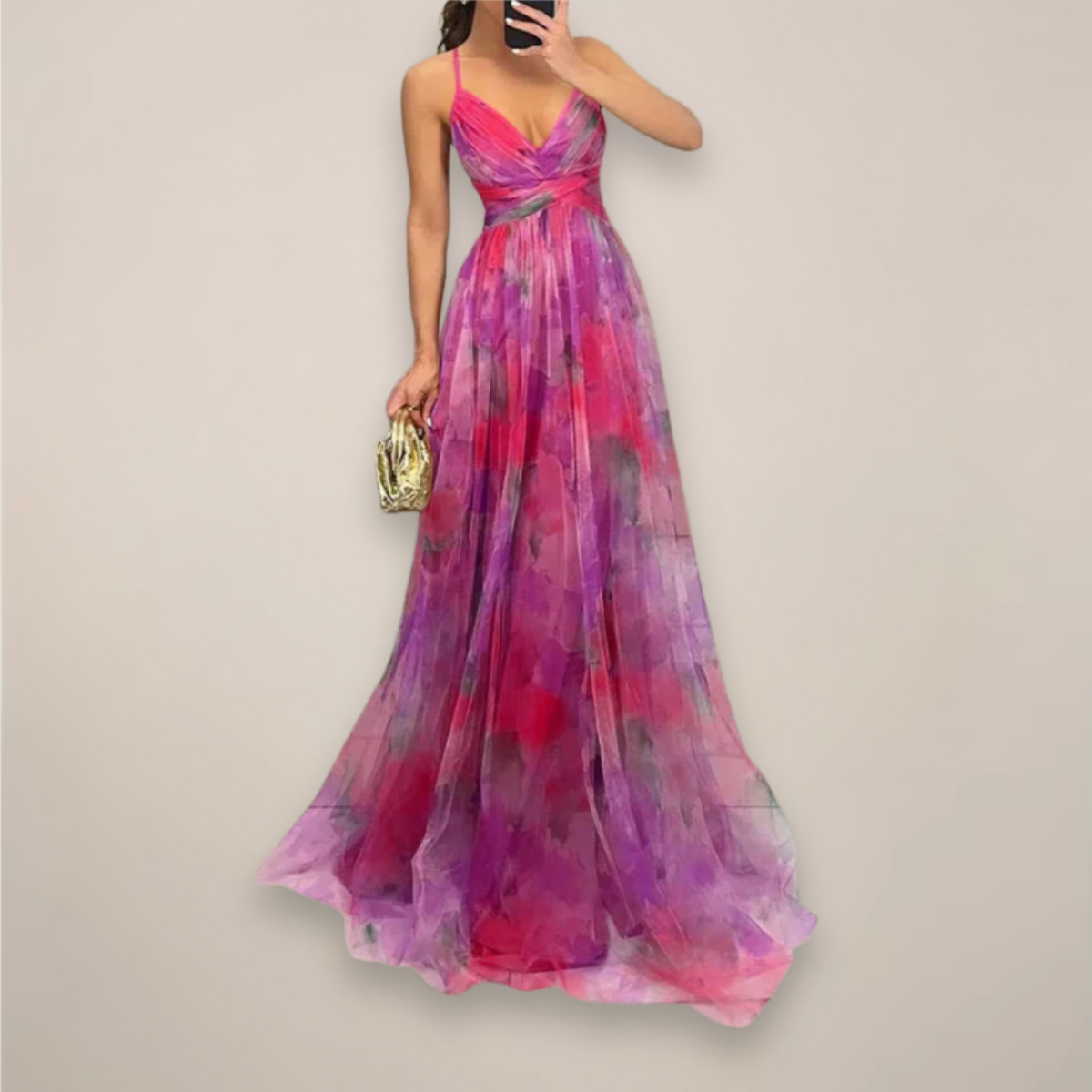 Women's floral chiffon maxi dress watercolor print twisted bodice spaghetti straps garden wedding