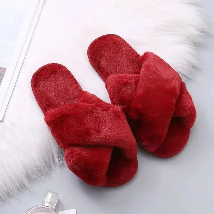 Women's fluffy faux fur cross-band slippers ultra-soft cozy lounge home footwear in neutral tone