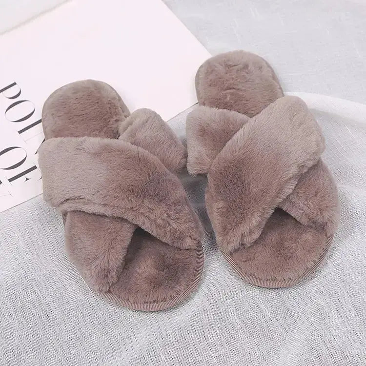 Women's fluffy faux fur cross-band slippers in cozy neutral tones with ultra-soft plush upper