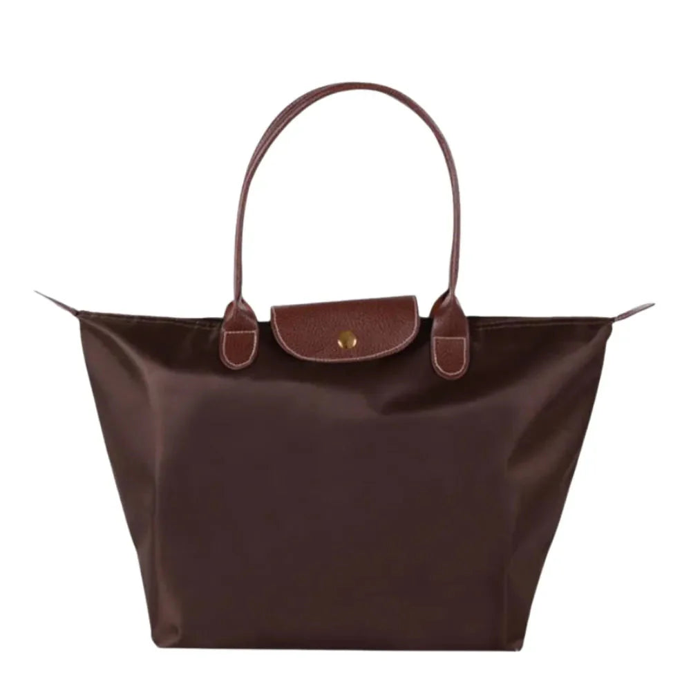Women's foldable nylon tote bag, water-resistant lightweight everyday carryall with leather handles