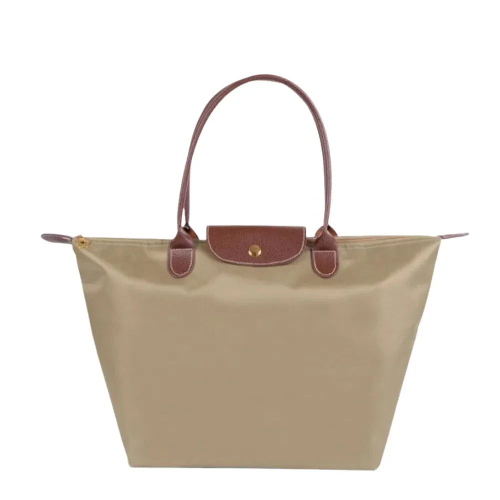 Women's foldable nylon tote bag, water-resistant lightweight everyday carryall with leather handles