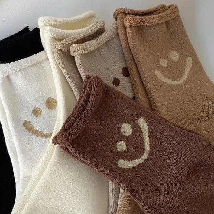 Women's white ankle socks with embroidered happy face ultra-soft plush cotton cozy breathable gift