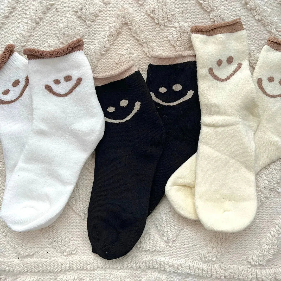 Women's pink ankle socks plush cotton knit with embroidered happy face cozy breathable design