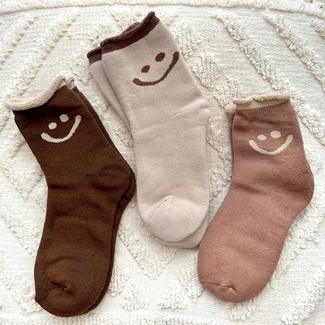 Women's pink ankle socks with embroidered smiley face ultra-soft plush cotton cozy gift