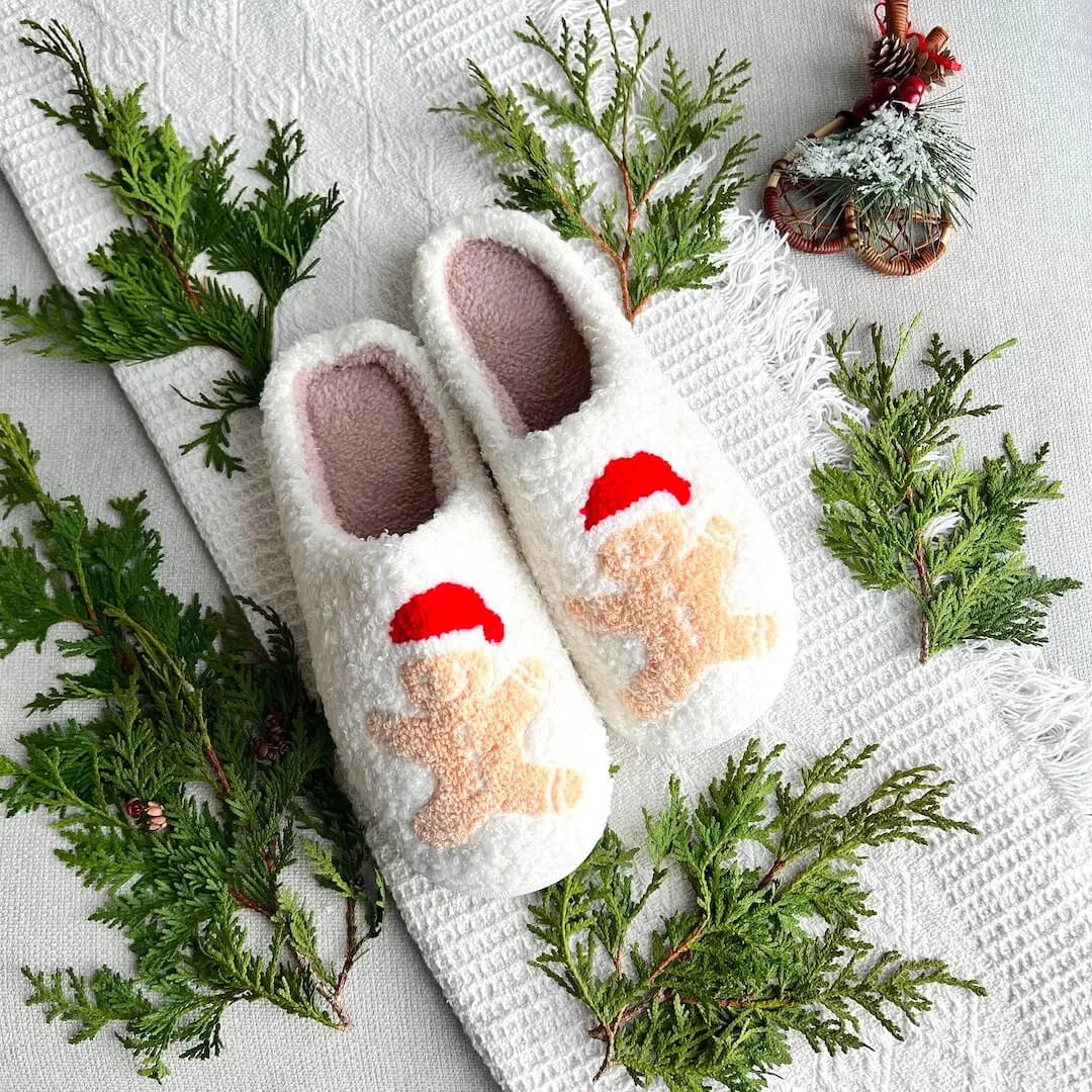 Women's holiday plush slippers with festive Christmas embroidery, ultra-soft cozy indoor footwear