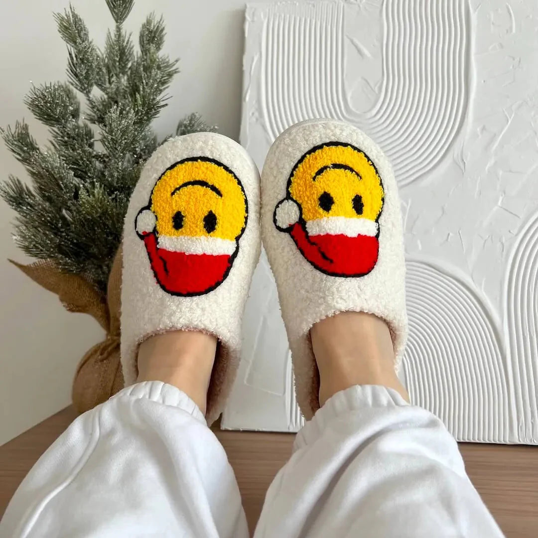 Women's holiday plush slippers with festive Christmas embroidery, ultra-soft cozy indoor footwear