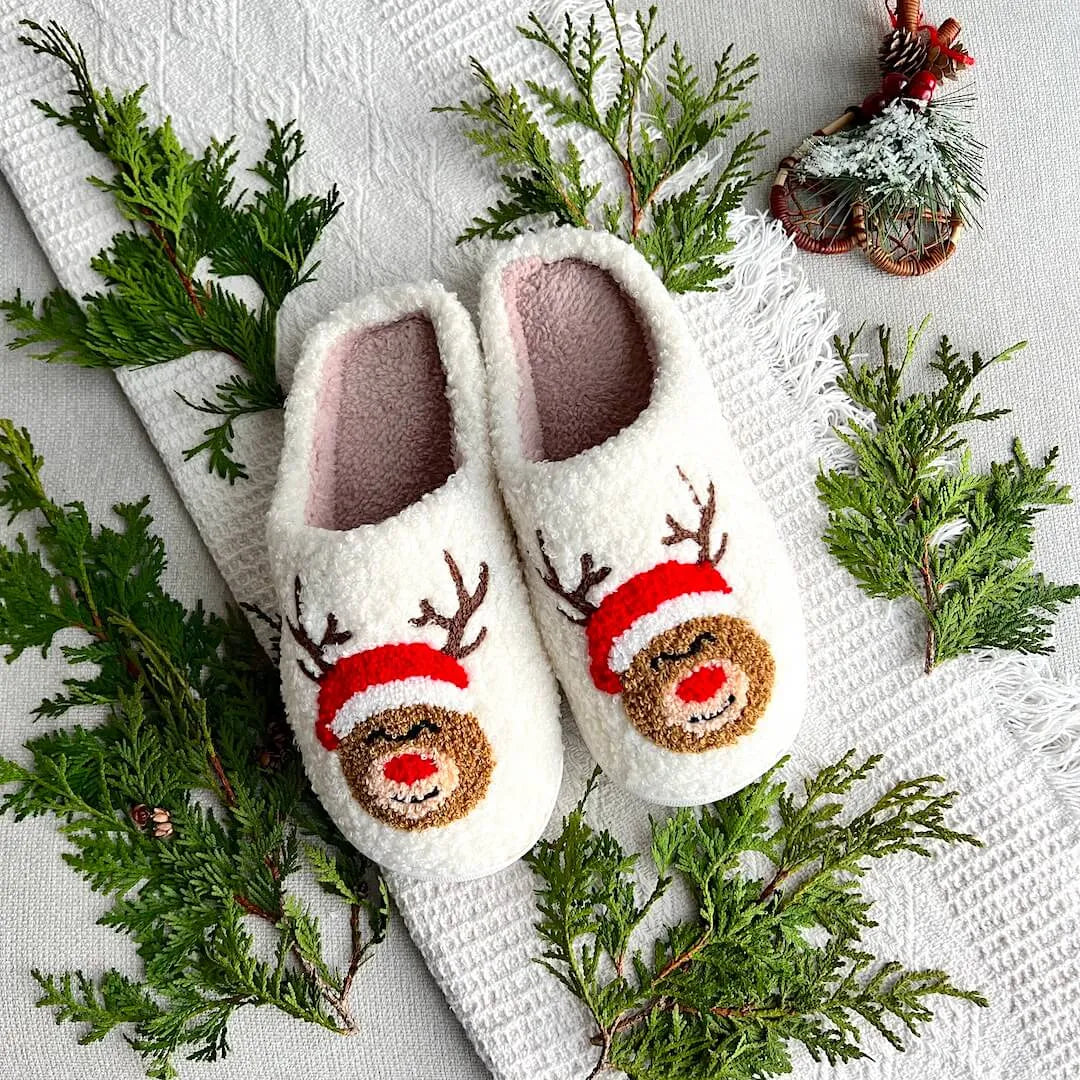Women's holiday plush slippers with festive Christmas embroidery, ultra-soft cozy indoor footwear