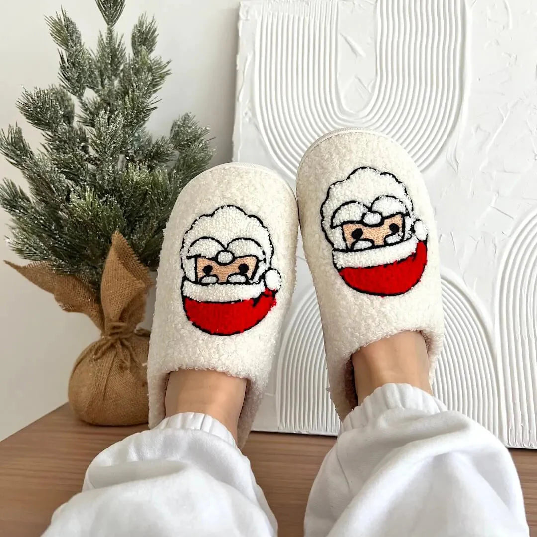 Women's holiday plush slippers with festive Christmas embroidery, ultra-soft cozy indoor footwear