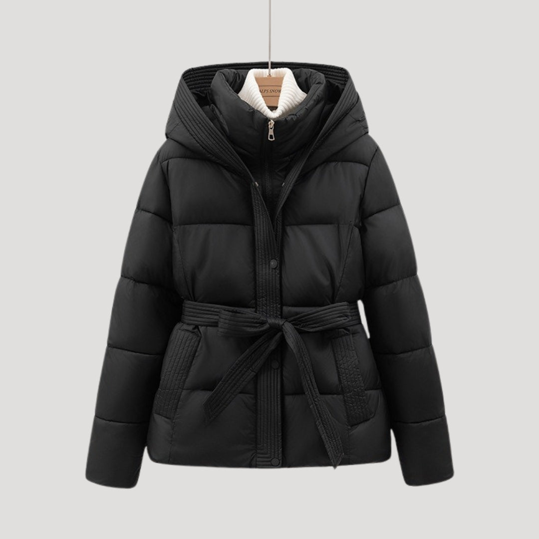 Women's belted puffer jacket with detachable hood, winter coat in sleek quilted style