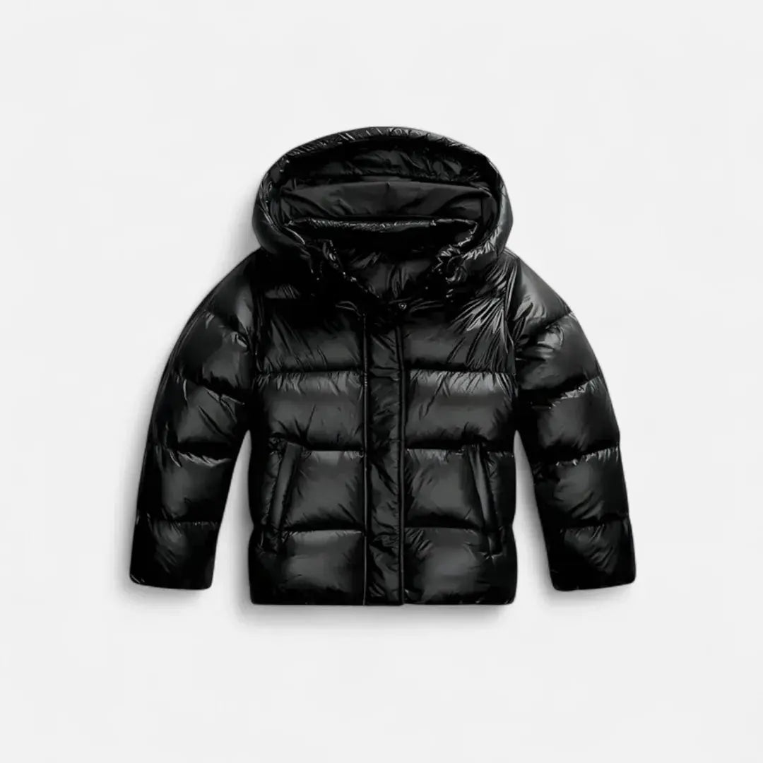 Women's slim cropped puffer jacket in glossy quilted shell with hood, lightweight insulation