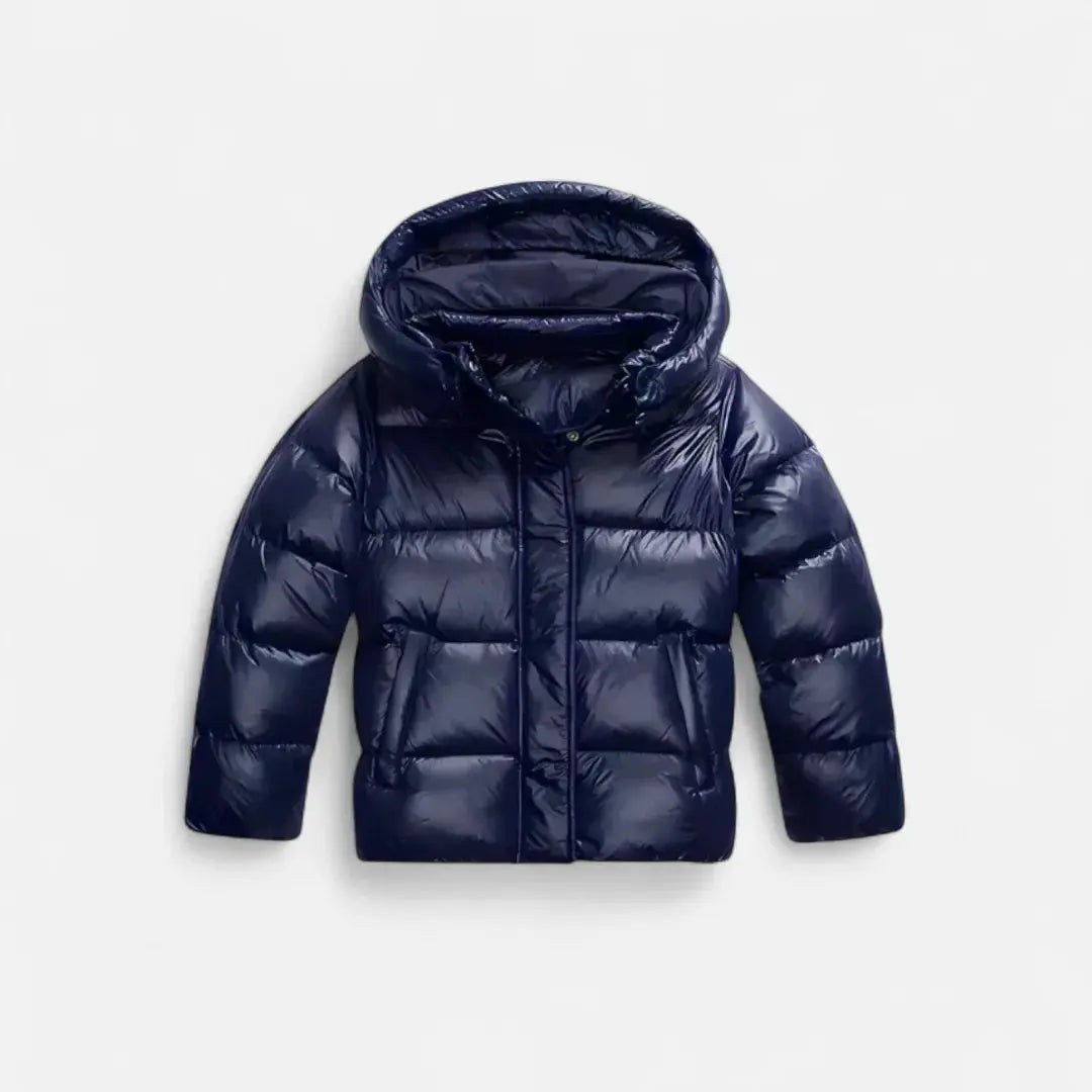 Women's slim cropped puffer jacket in glossy quilted shell with hood, lightweight winter insulation