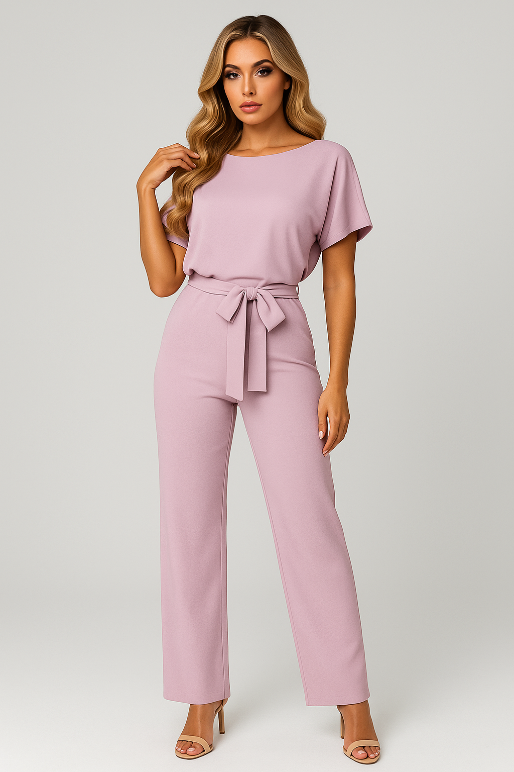 Women's wide-leg belted jumpsuit fluid silhouette soft drape workwear weekend elegant