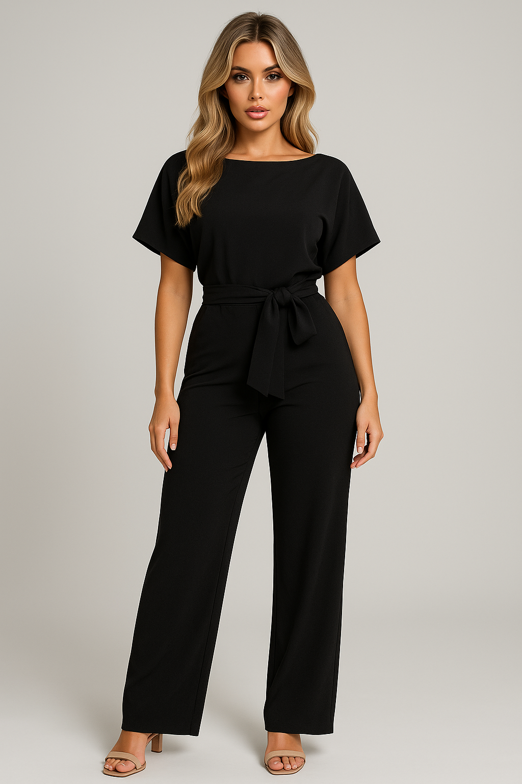 Women's wide-leg belted jumpsuit fluid silhouette soft drape elegant workwear weekend style