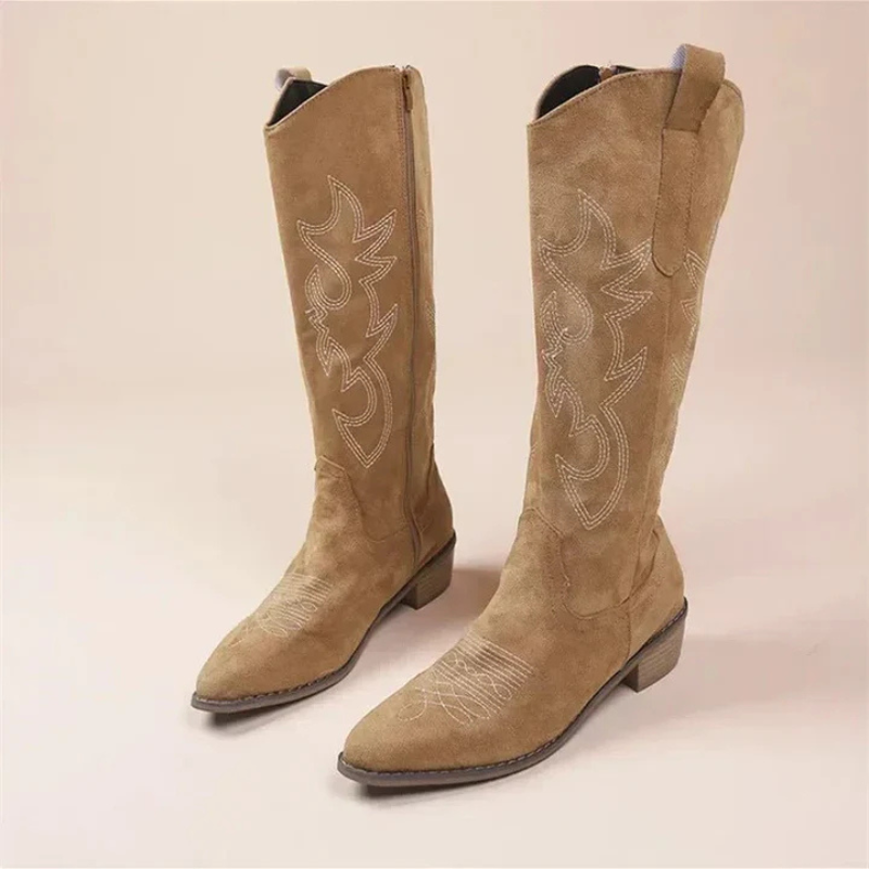 Pink suede knee-high cowgirl boots with decorative stitching, modern Western style for women