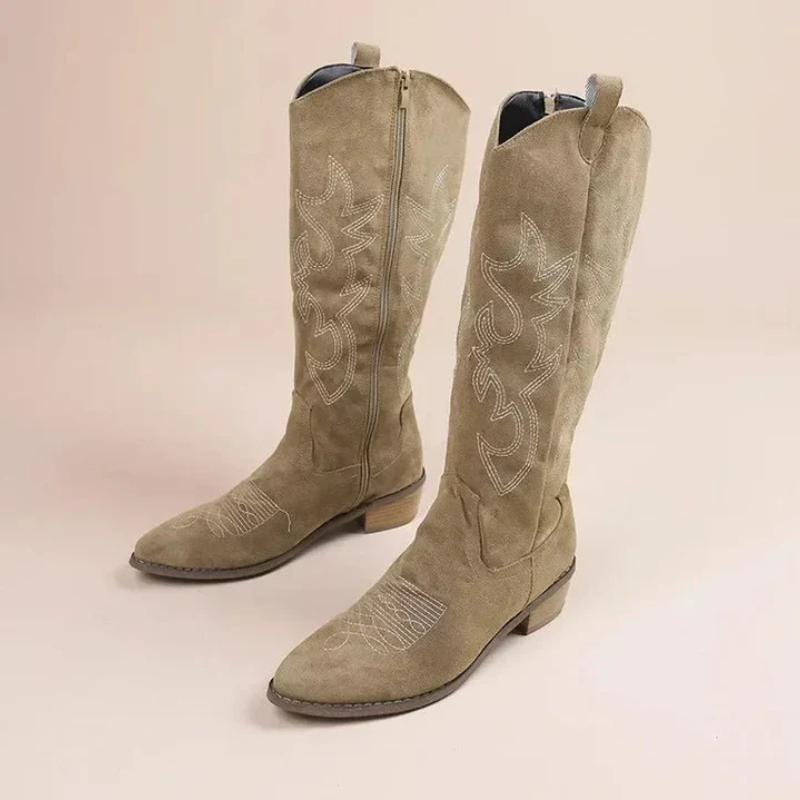 Pink suede knee-high cowgirl boots with decorative stitching, modern Western style for women