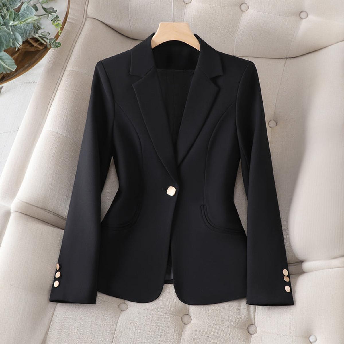 Women's slim fit blazer with lapel collar, single-button closure, and soft structured silhouette