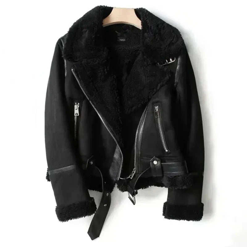 Women's genuine leather sherpa-lined jacket in classic style with cozy plush interior lining
