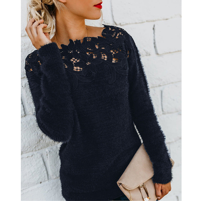 Women's winter knit sweater with floral embroidery neckline, long sleeve, cozy elegant fit