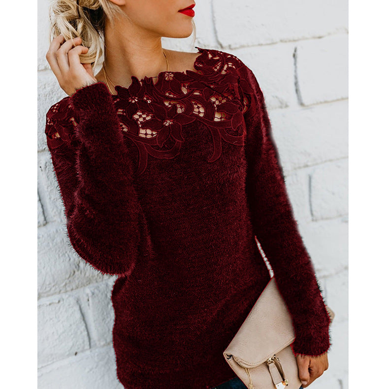 Women's winter knit sweater long sleeve cozy elegant floral embroidery neckline detail