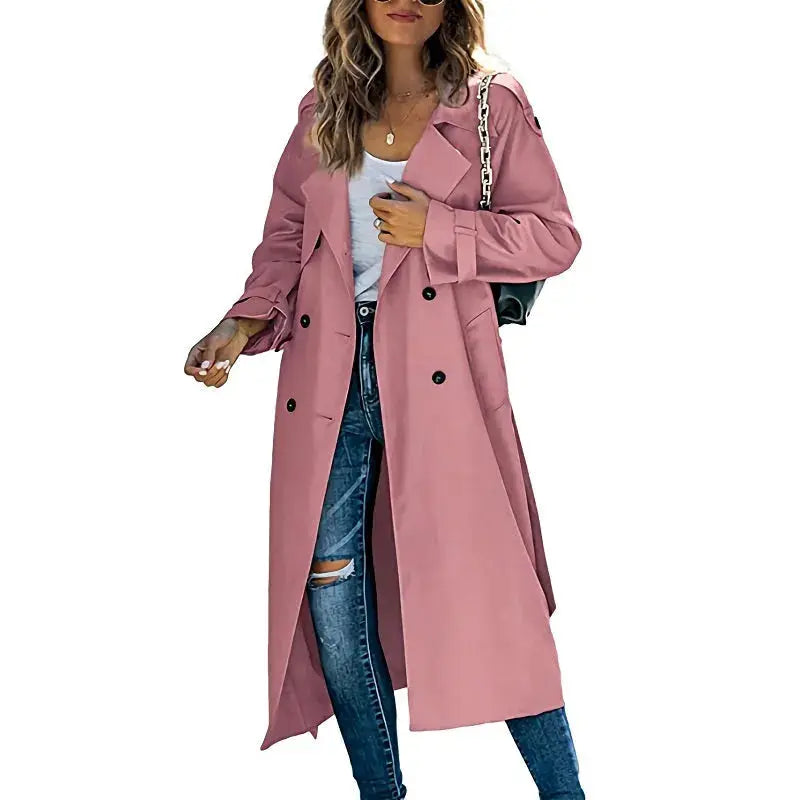 Women's long double-breasted trench coat with adjustable waist belt, classic lapels, timeless silhouette