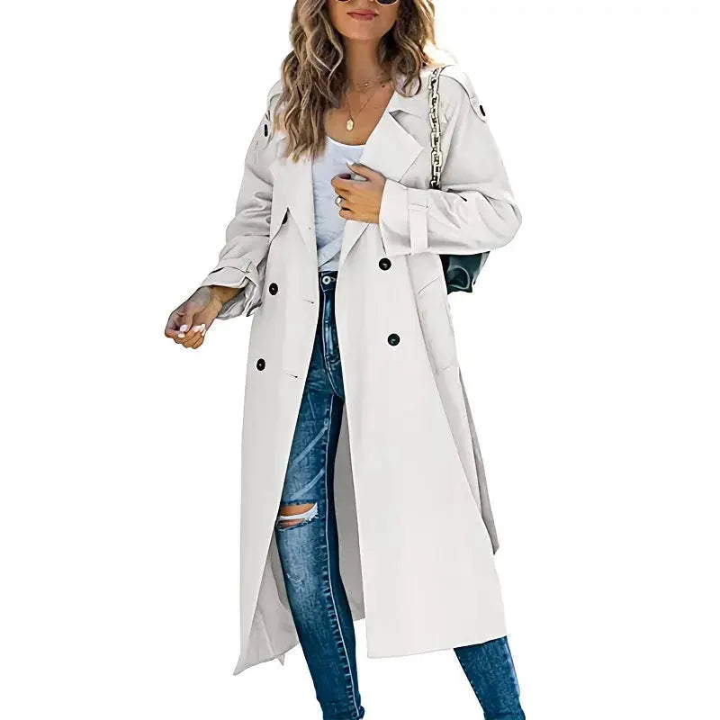 Women's long double-breasted trench coat with adjustable waist belt, classic lapels, versatile spring style